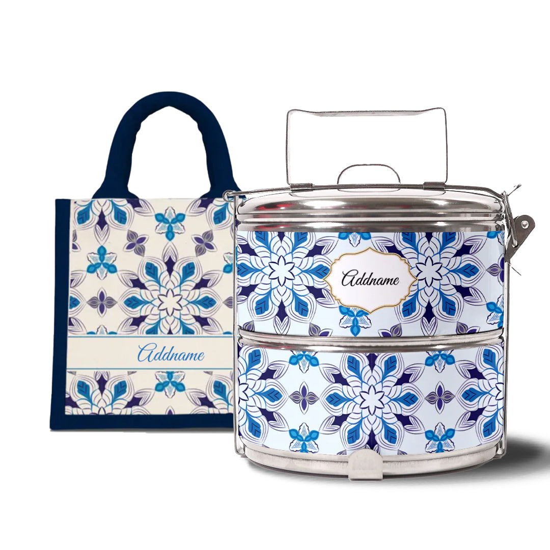 Moroccan Series - Arabesque Frost - Lunch Tote Bag with Two-Tier Tiffin Carrier