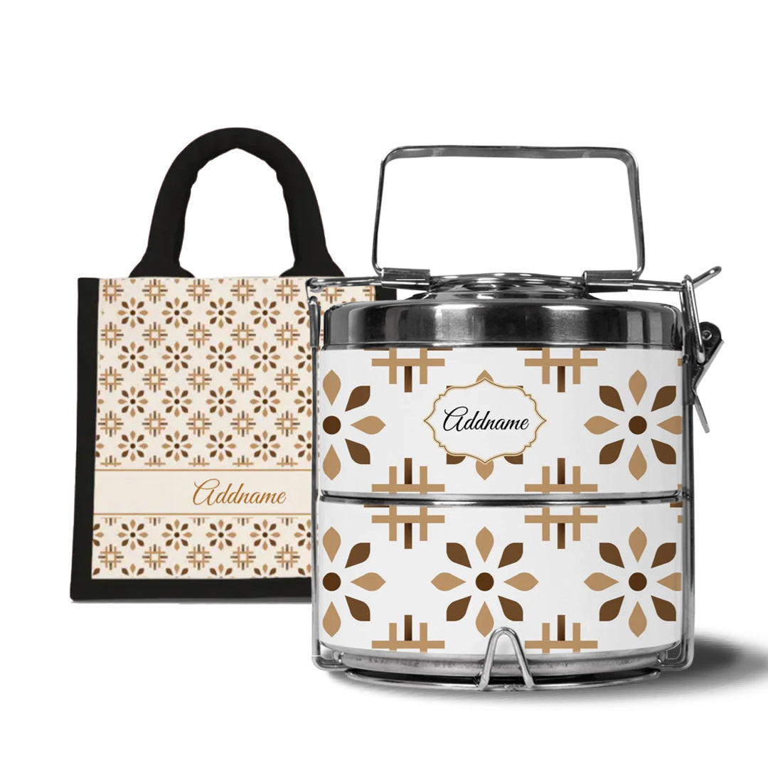 Moroccan Series - Arabesque Tawny Brown - Lunch Tote Bag with Two-Tier Tiffin Carrier