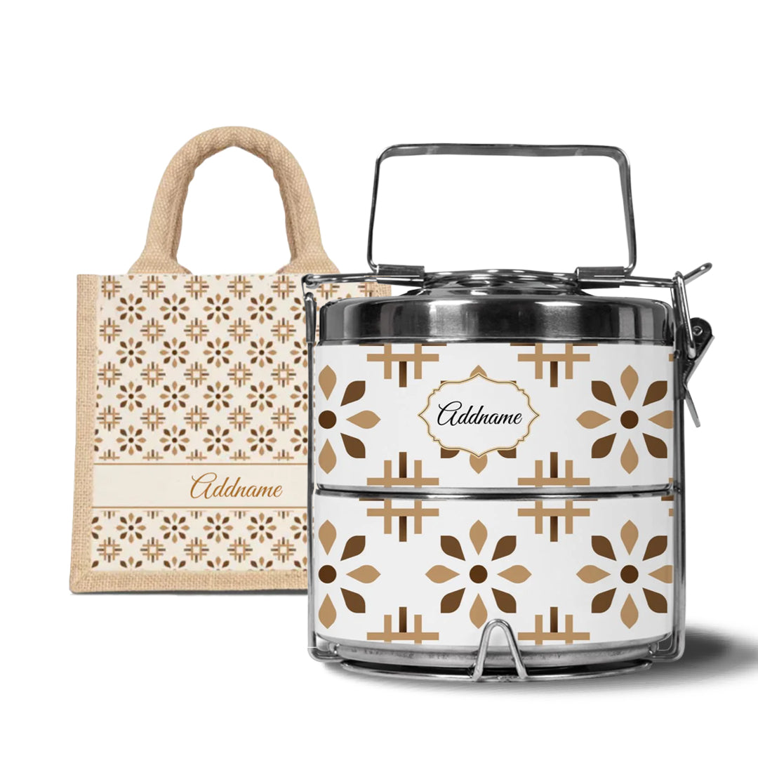 Moroccan Series - Arabesque Tawny Brown - Lunch Tote Bag with Two-Tier Tiffin Carrier