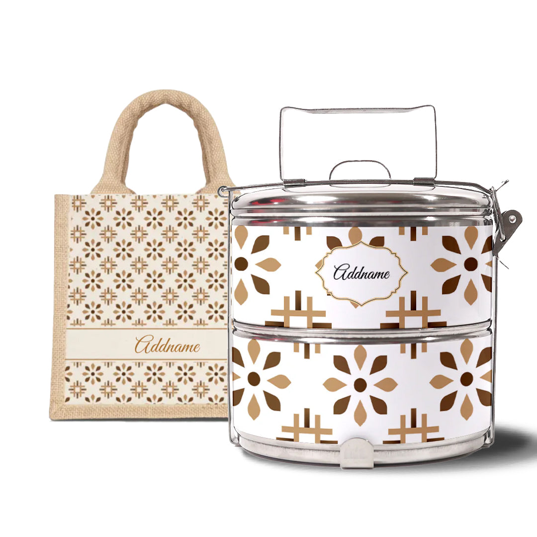 Moroccan Series - Arabesque Tawny Brown - Lunch Tote Bag with Two-Tier Tiffin Carrier