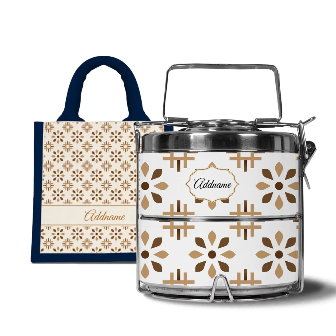 Moroccan Series - Arabesque Tawny Brown - Lunch Tote Bag with Two-Tier Tiffin Carrier