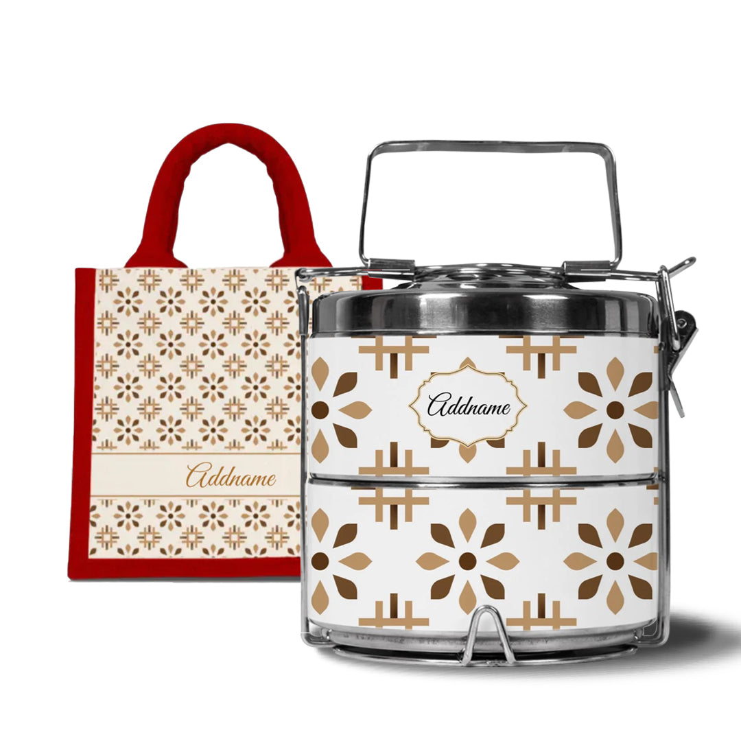Moroccan Series - Arabesque Tawny Brown - Lunch Tote Bag with Two-Tier Tiffin Carrier