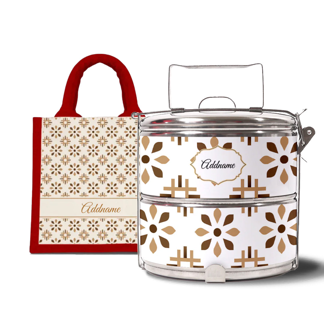 Moroccan Series - Arabesque Tawny Brown - Lunch Tote Bag with Two-Tier Tiffin Carrier