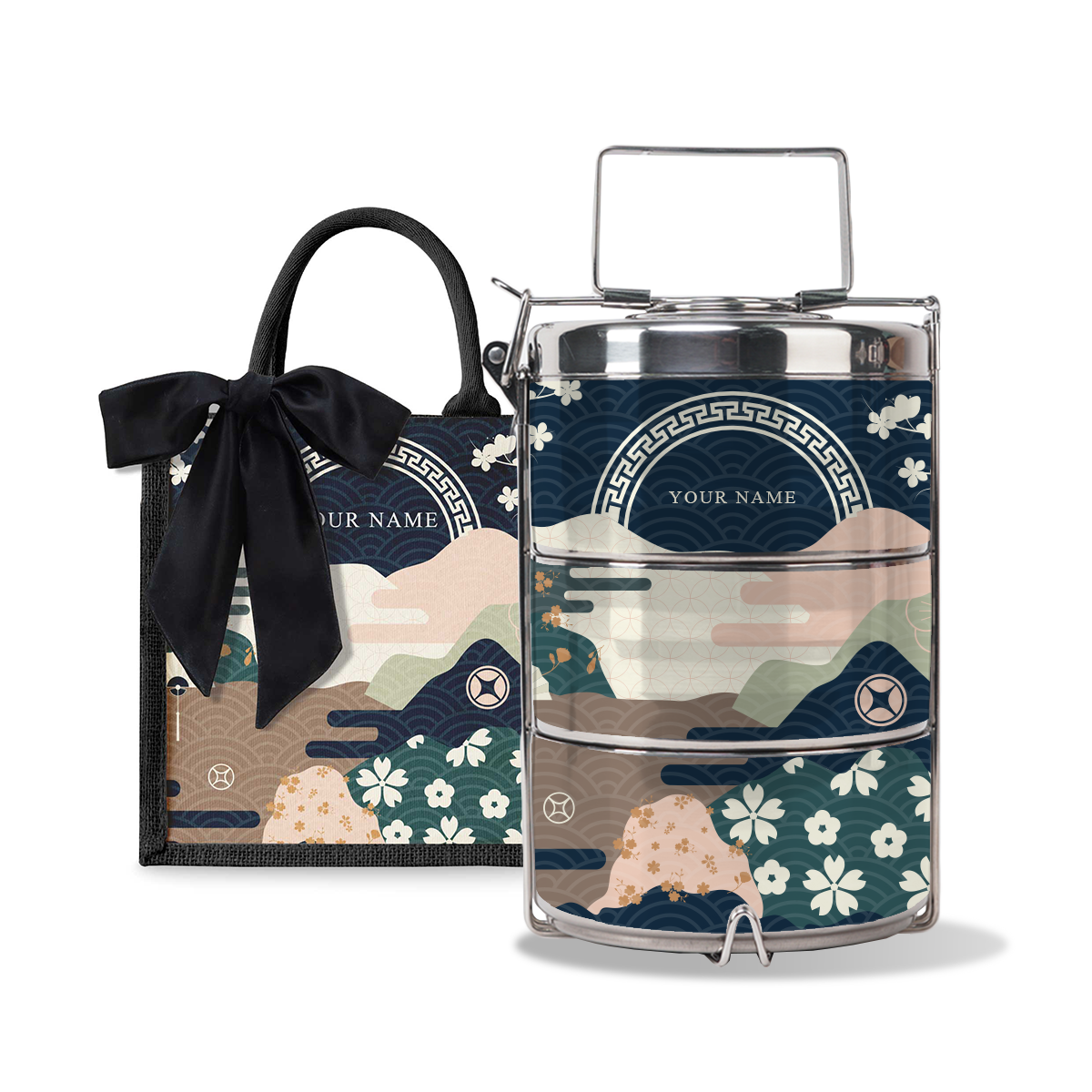 Fortune Garden (Navy Design) - Lunch Tote Bag with Three-Tier Tiffin Carrier