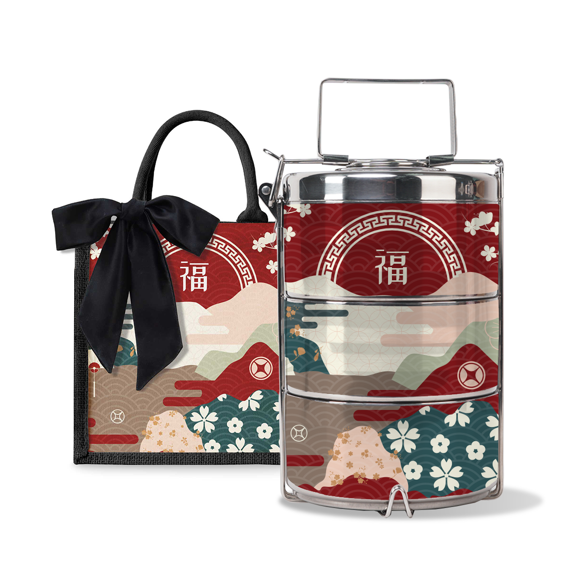 Fortune Garden (Red Design) - Lunch Tote Bag with Three-Tier Tiffin Carrier