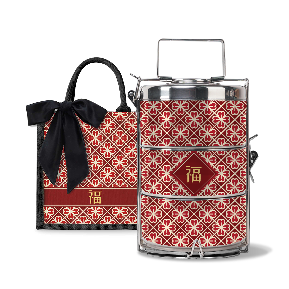 Lucky Jade (Red Design) - Lunch Tote Bag with Three-Tier Tiffin Carrier