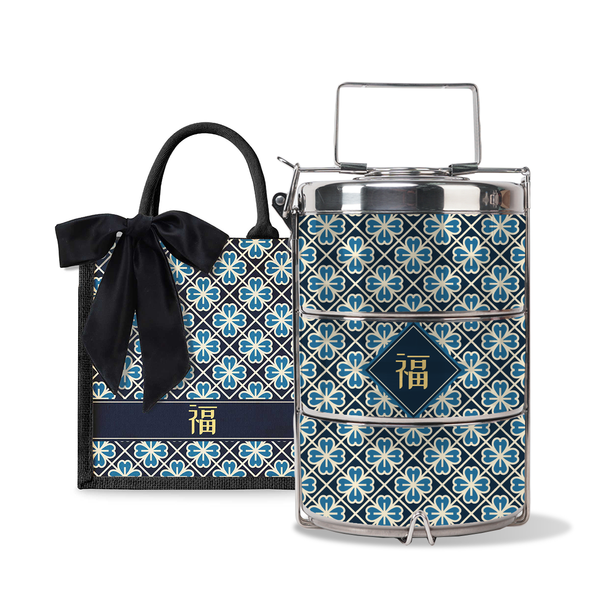 Lucky Jade (Navy Design) - Lunch Tote Bag with Three-Tier Tiffin Carrier