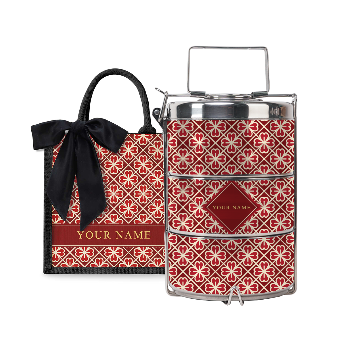 Lucky Jade (Red Design) - Lunch Tote Bag with Three-Tier Tiffin Carrier