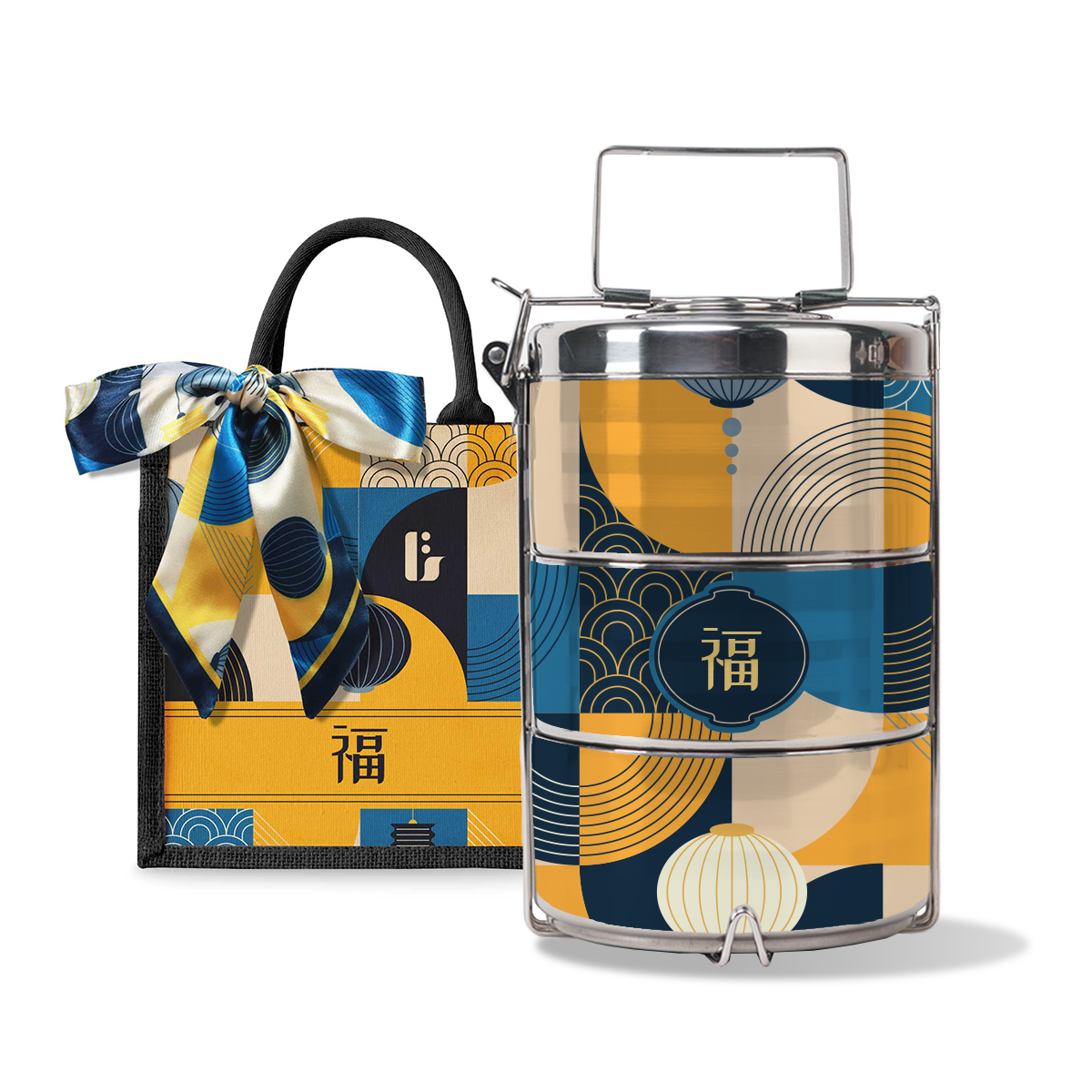 Lunar Blessing (Navy Design) - Lunch Tote Bag with Three-Tier Tiffin Carrier