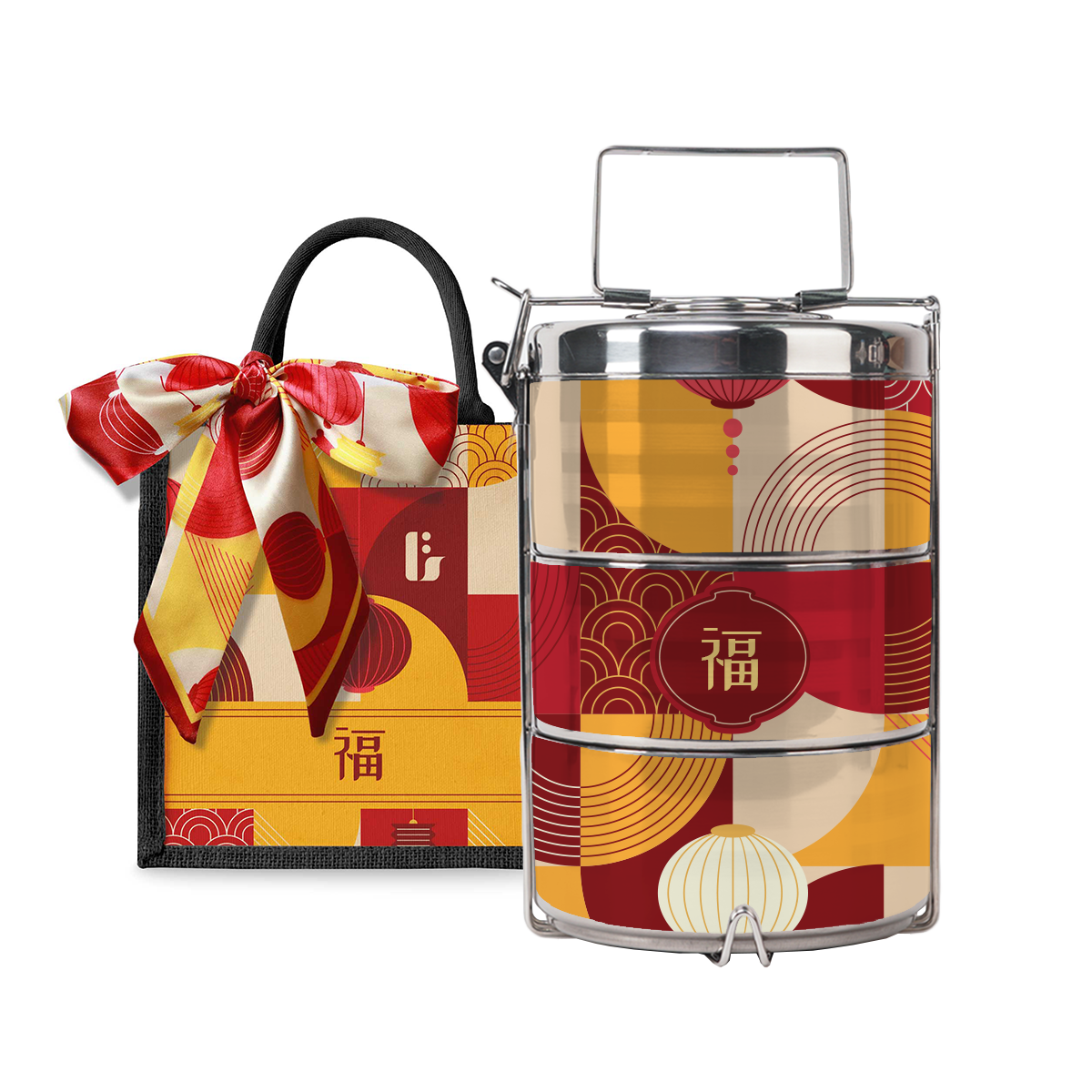 Lunar Blessing (Red Design) - Lunch Tote Bag with Three-Tier Tiffin Carrier
