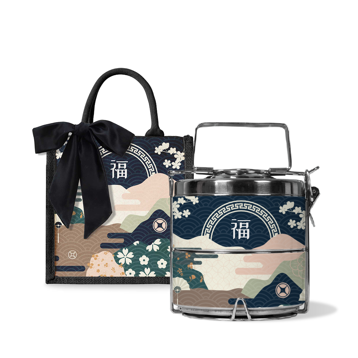 Fortune Garden (Navy Design) - Lunch Tote Bag with Two-Tier Tiffin Carrier