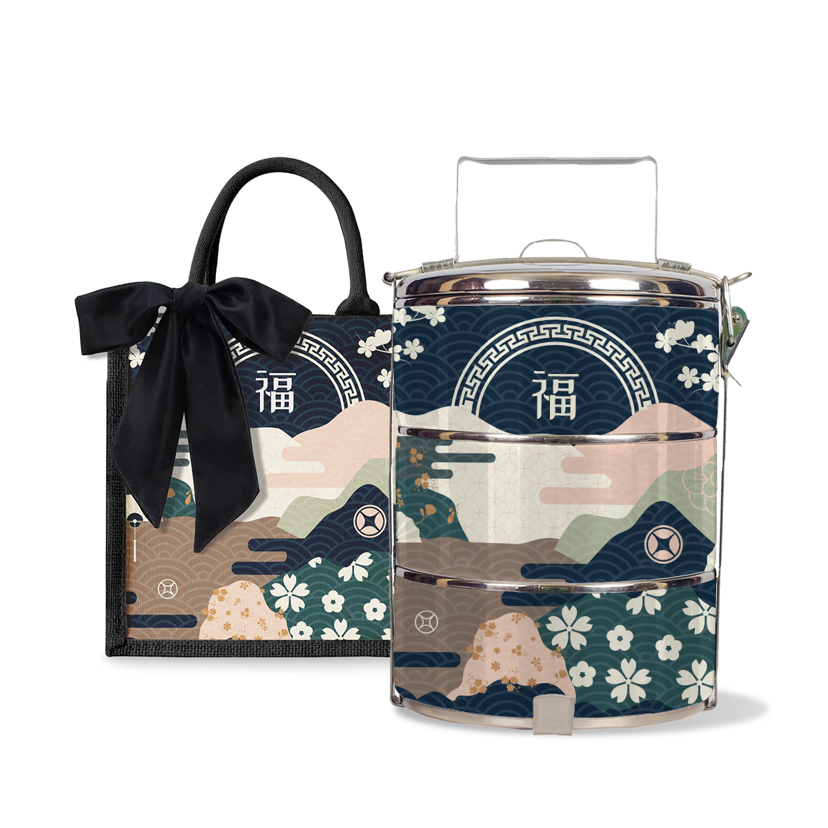 Fortune Garden (Navy Design) - Lunch Tote Bag with Three-Tier Tiffin Carrier