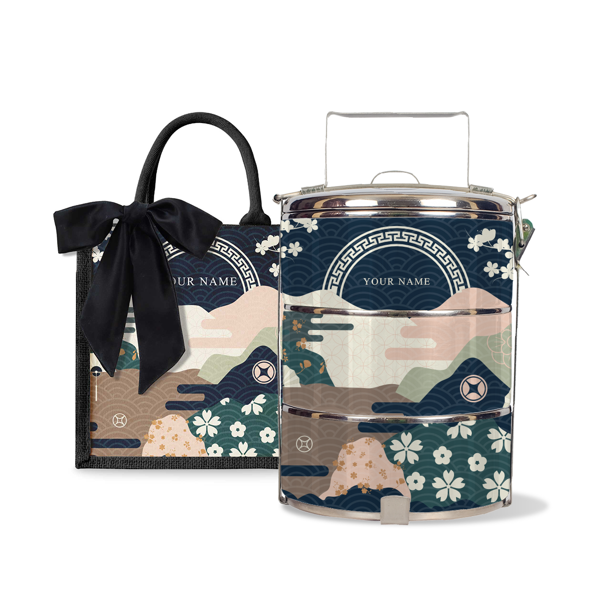Fortune Garden (Navy Design) - Lunch Tote Bag with Three-Tier Tiffin Carrier