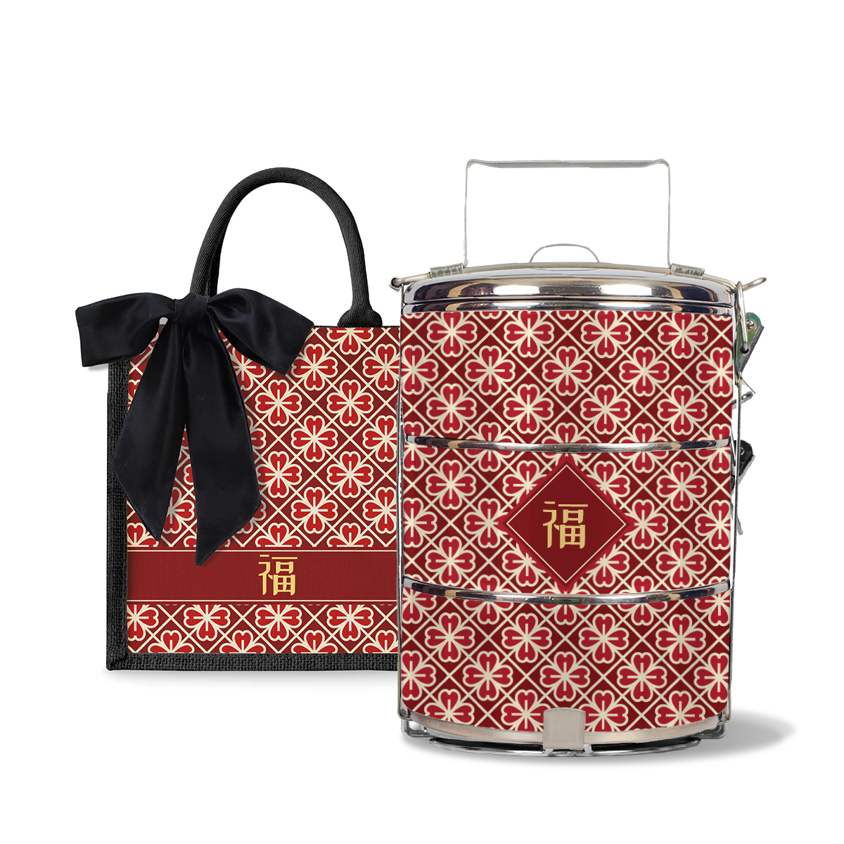 Lucky Jade (Red Design) - Lunch Tote Bag with Three-Tier Tiffin Carrier