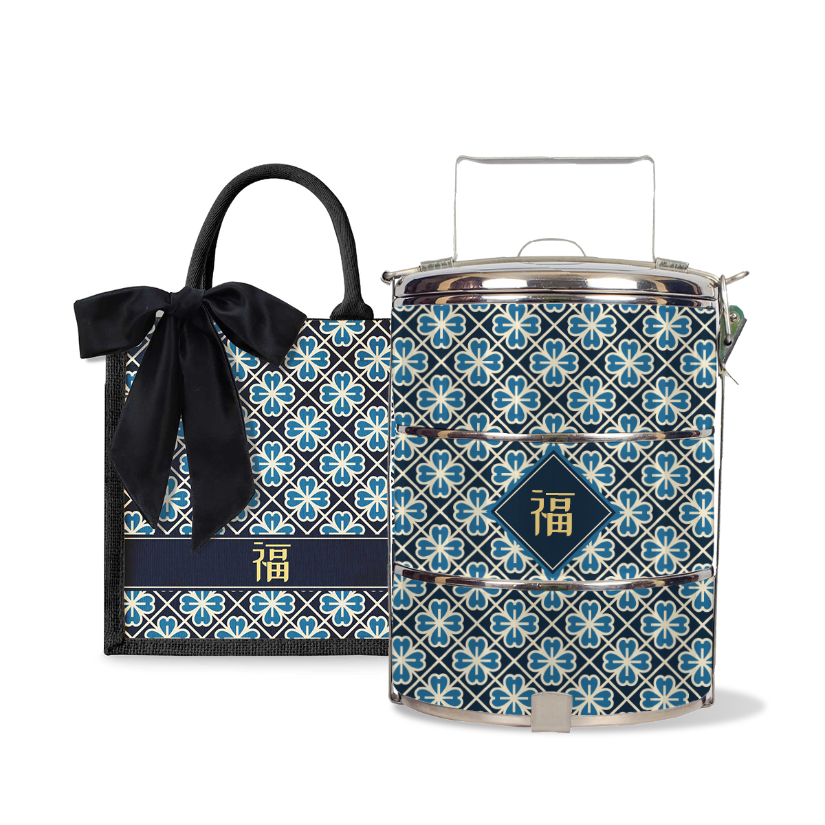 Lucky Jade (Navy Design) - Lunch Tote Bag with Three-Tier Tiffin Carrier