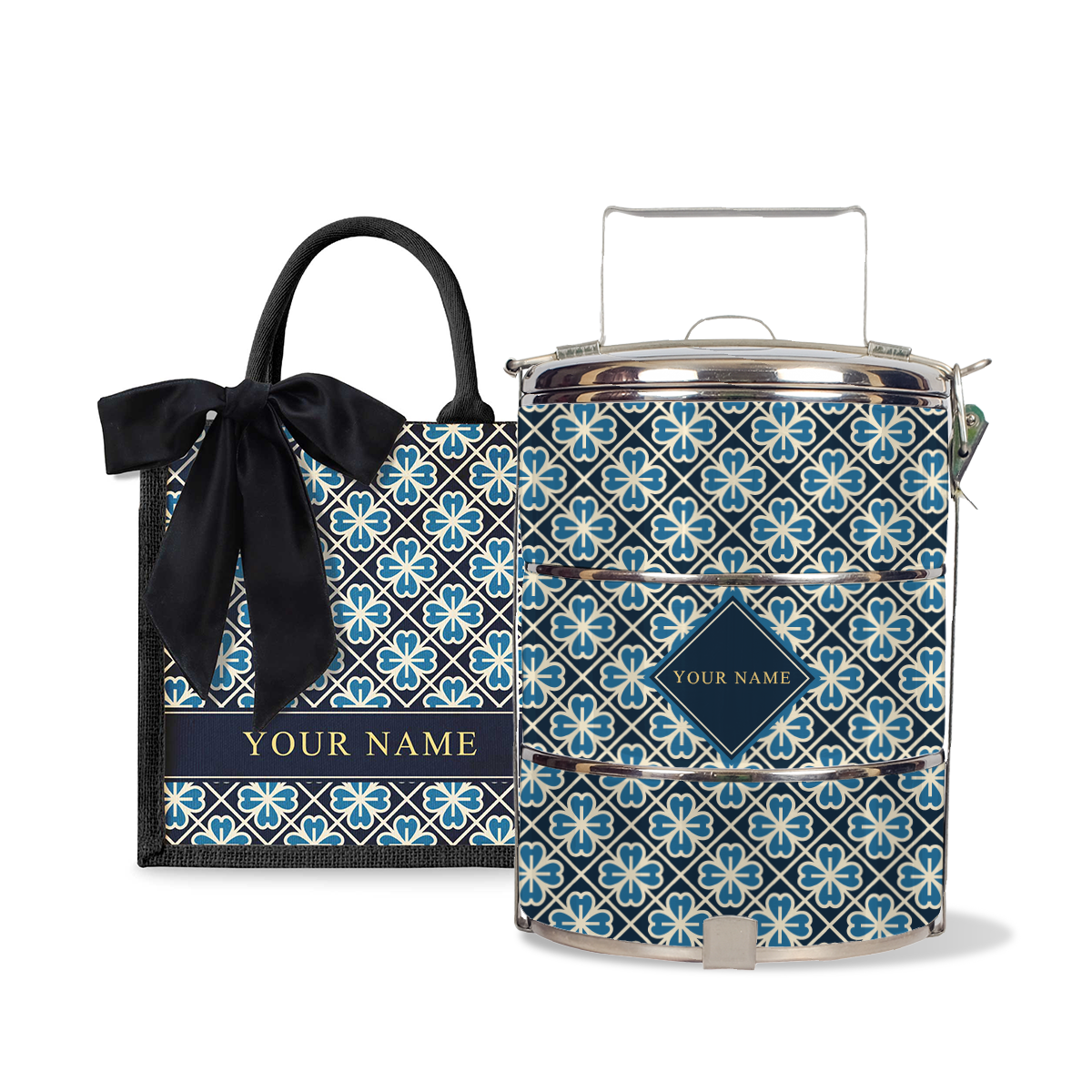 Lucky Jade (Navy Design) - Lunch Tote Bag with Three-Tier Tiffin Carrier