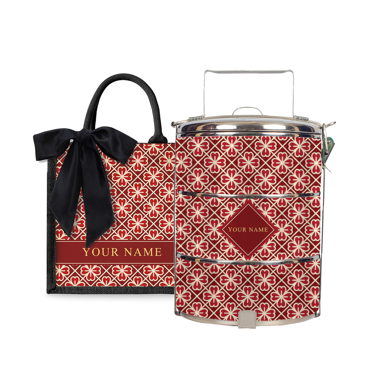 Lucky Jade (Red Design) - Lunch Tote Bag with Three-Tier Tiffin Carrier