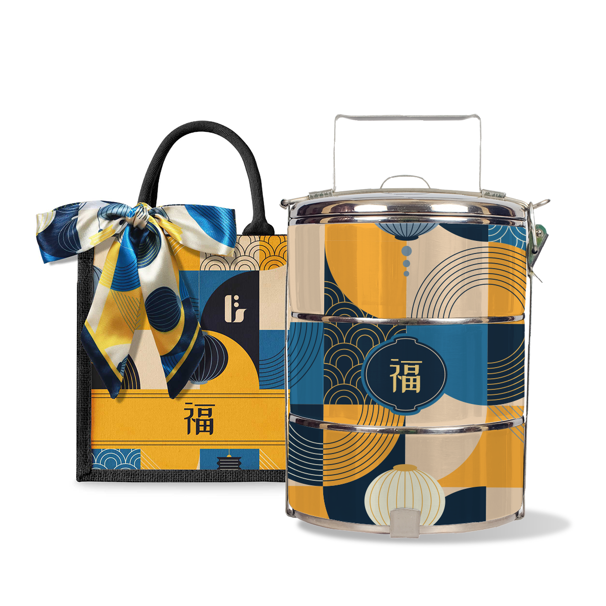 Lunar Blessing (Navy Design) - Lunch Tote Bag with Three-Tier Tiffin Carrier