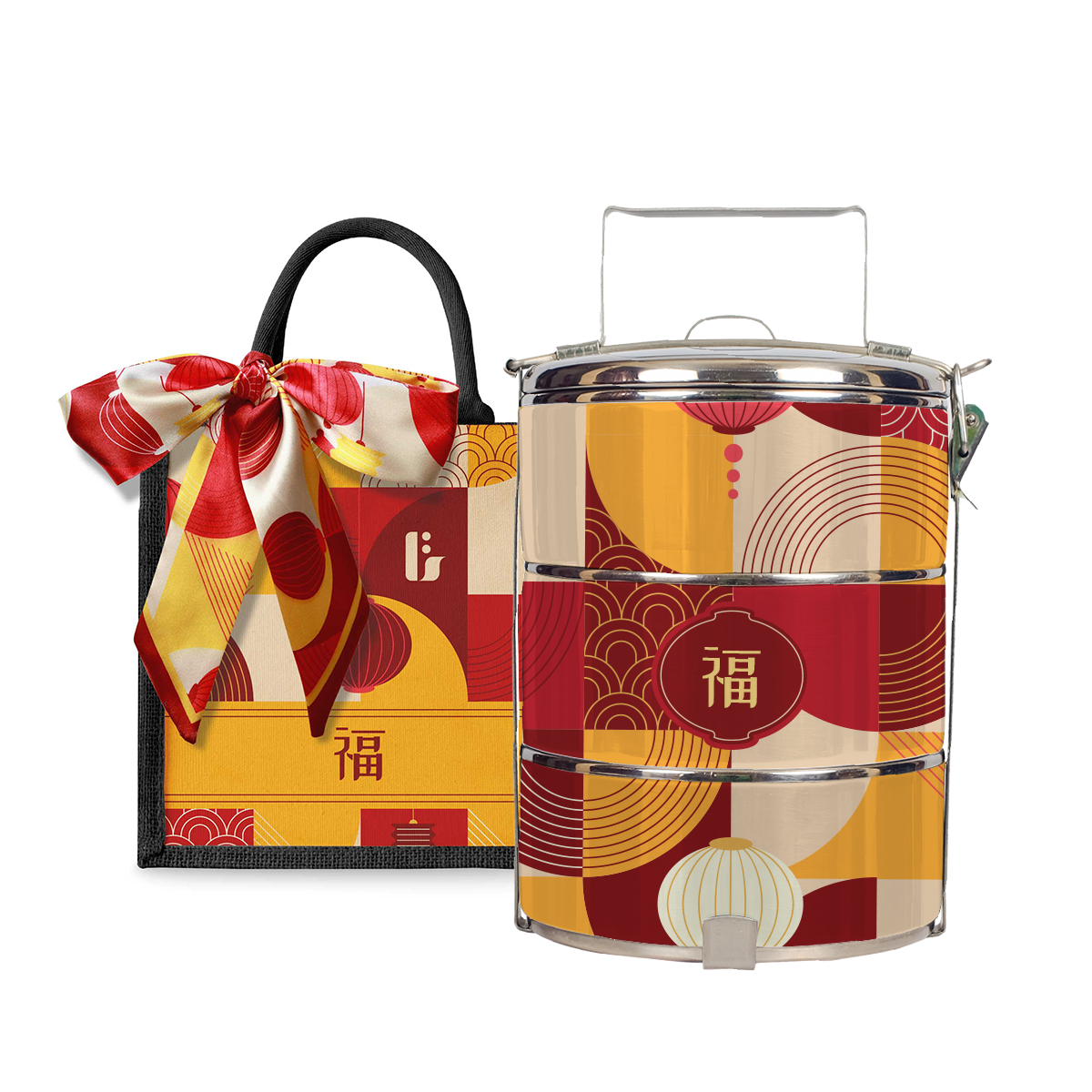 Lunar Blessing (Red Design) - Lunch Tote Bag with Three-Tier Tiffin Carrier