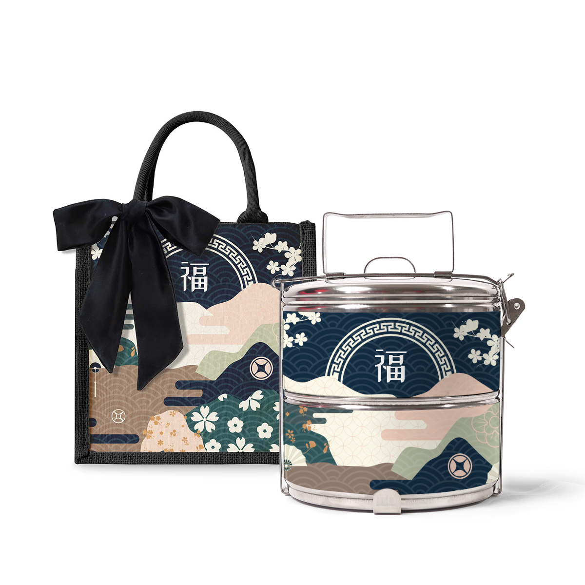Fortune Garden (Navy Design) - Lunch Tote Bag with Two-Tier Tiffin Carrier