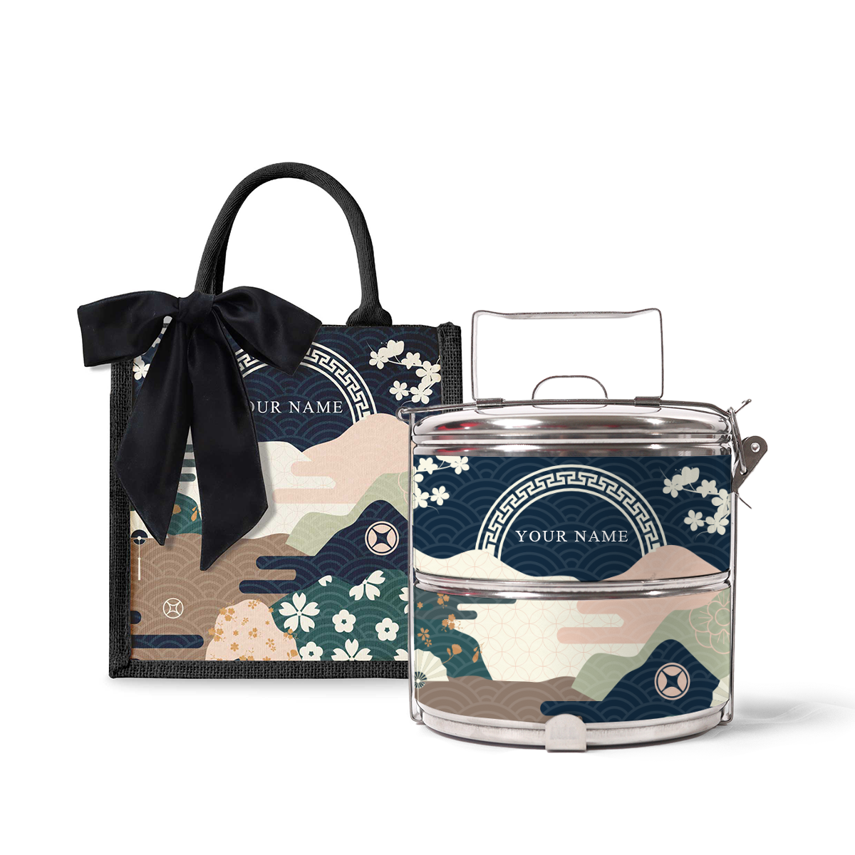 Fortune Garden (Navy Design) - Lunch Tote Bag with Two-Tier Tiffin Carrier