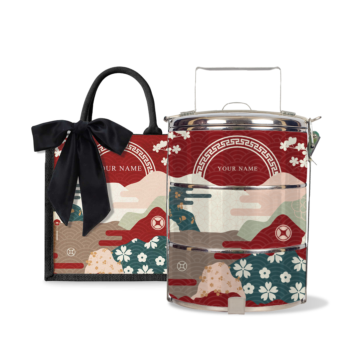 Fortune Garden (Red Design) - Lunch Tote Bag with Three-Tier Tiffin Carrier