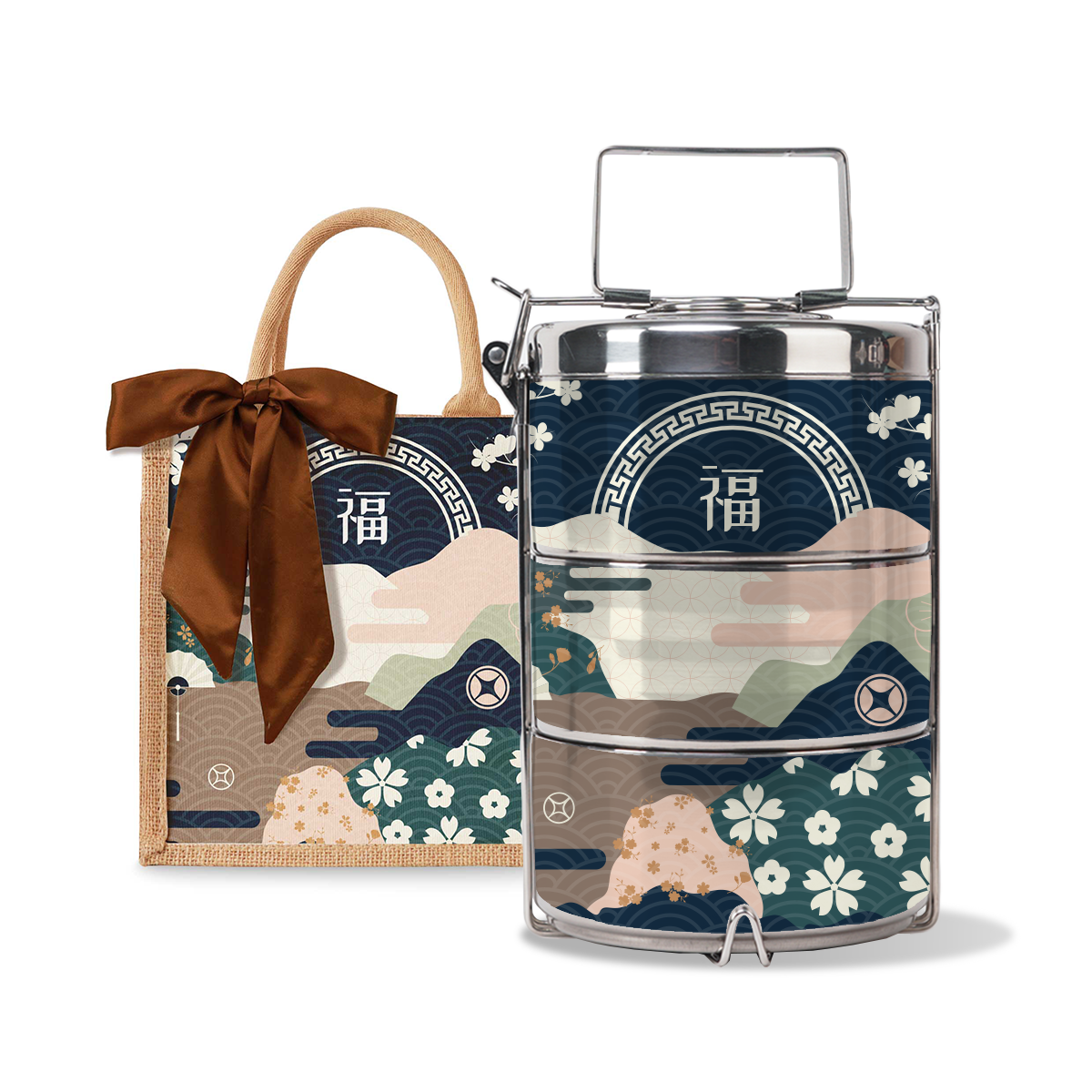 Fortune Garden (Navy Design) - Lunch Tote Bag with Three-Tier Tiffin Carrier