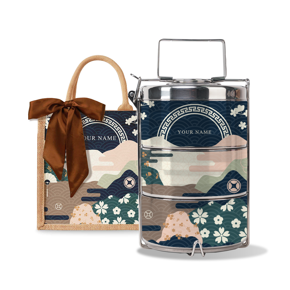 Fortune Garden (Navy Design) - Lunch Tote Bag with Three-Tier Tiffin Carrier