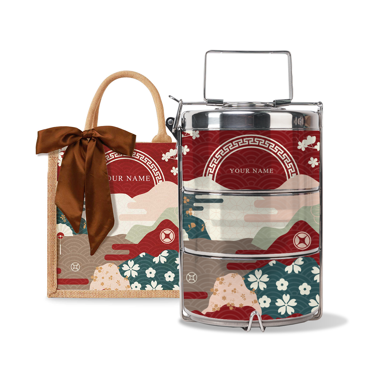 Fortune Garden (Red Design) - Lunch Tote Bag with Three-Tier Tiffin Carrier