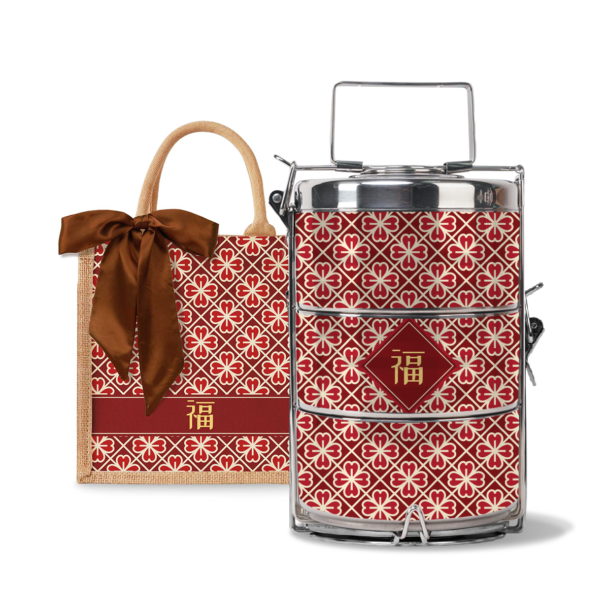 Lucky Jade (Red Design) - Lunch Tote Bag with Three-Tier Tiffin Carrier