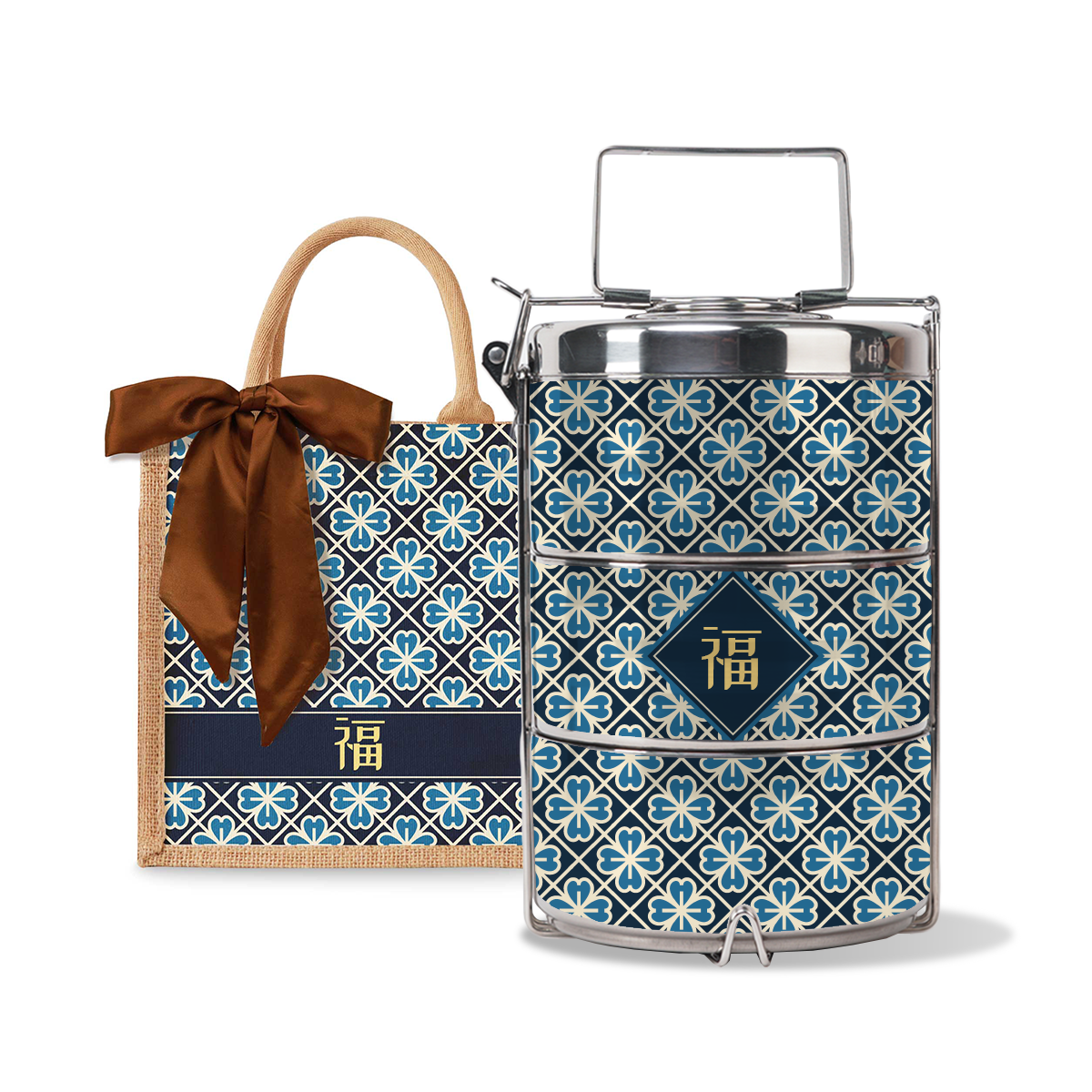 Lucky Jade (Navy Design) - Lunch Tote Bag with Three-Tier Tiffin Carrier