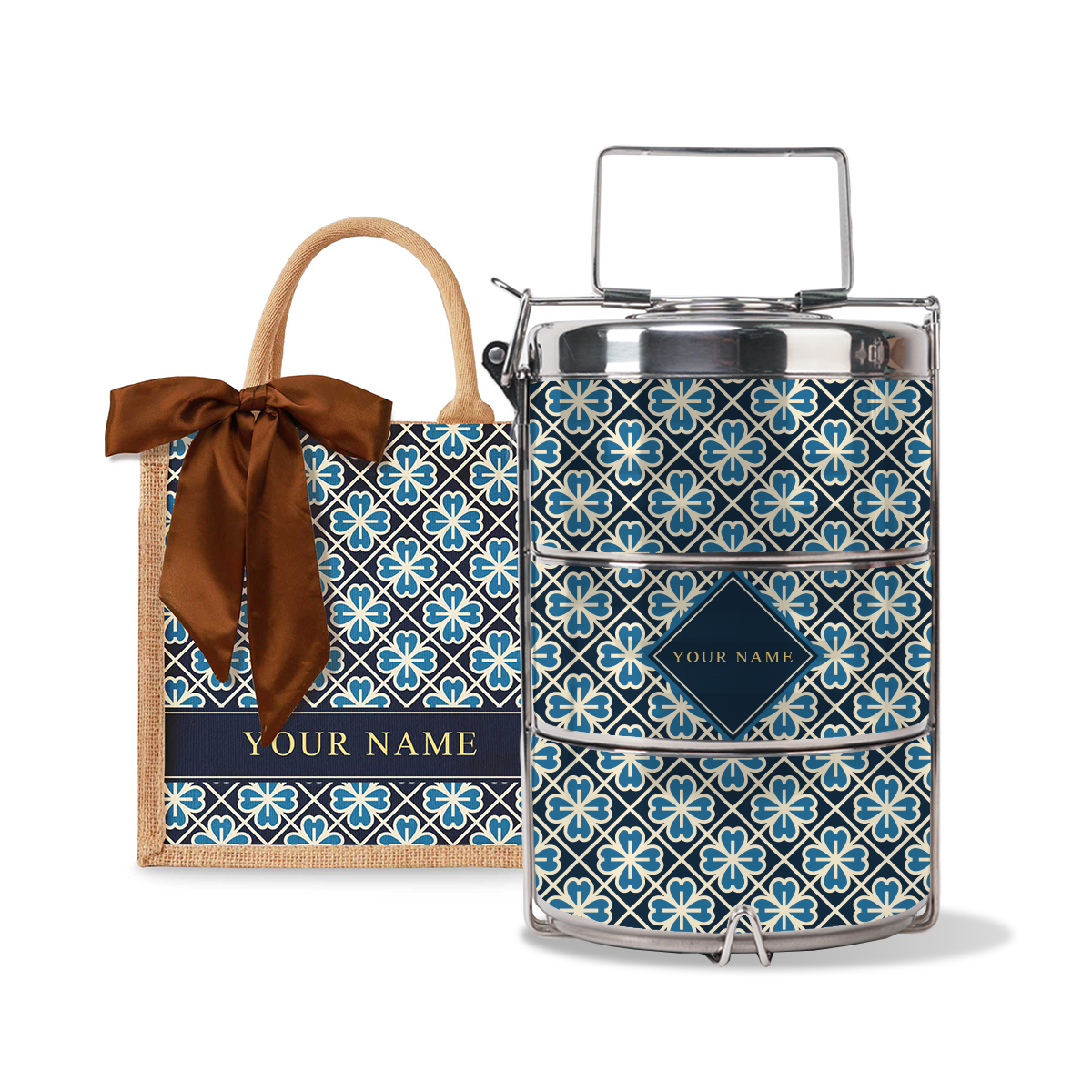 Lucky Jade (Navy Design) - Lunch Tote Bag with Three-Tier Tiffin Carrier