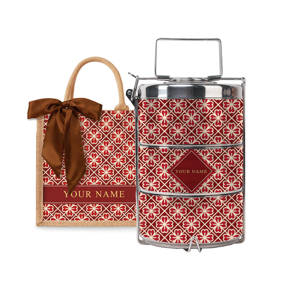 Lucky Jade (Red Design) - Lunch Tote Bag with Three-Tier Tiffin Carrier