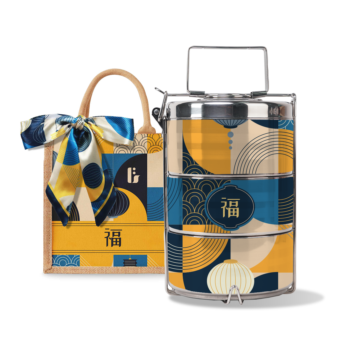 Lunar Blessing (Navy Design) - Lunch Tote Bag with Three-Tier Tiffin Carrier