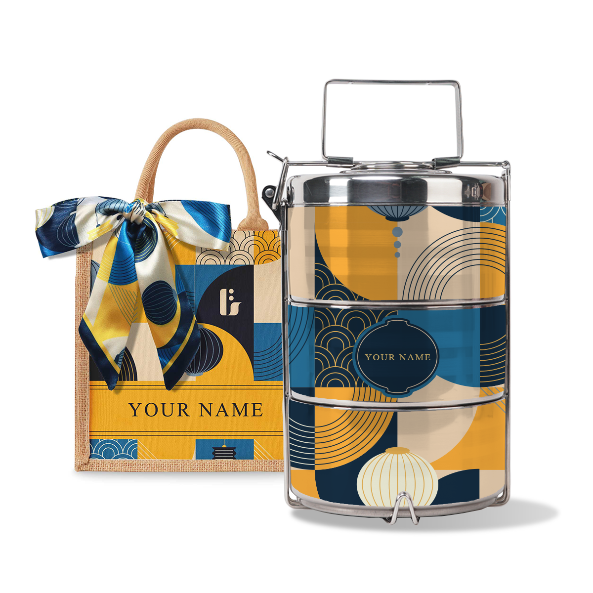 Lunar Blessing (Navy Design) - Lunch Tote Bag with Three-Tier Tiffin Carrier