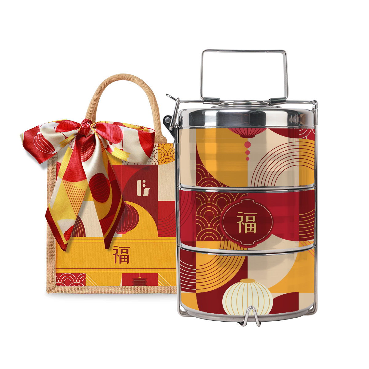 Lunar Blessing (Red Design) - Lunch Tote Bag with Three-Tier Tiffin Carrier