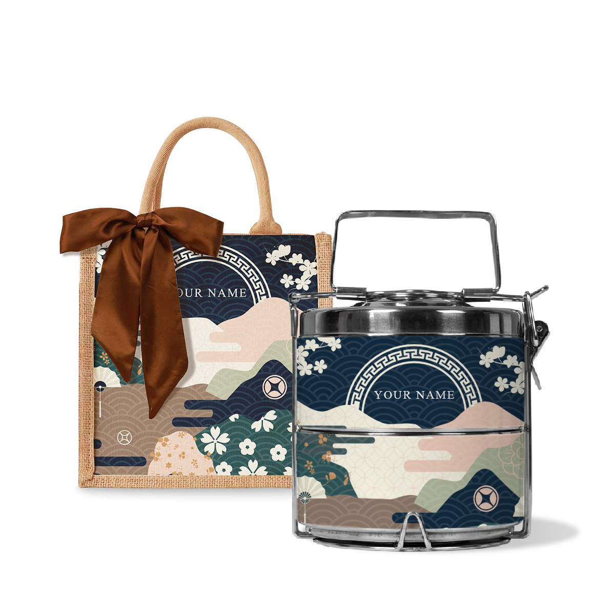 Fortune Garden (Navy Design) - Lunch Tote Bag with Two-Tier Tiffin Carrier