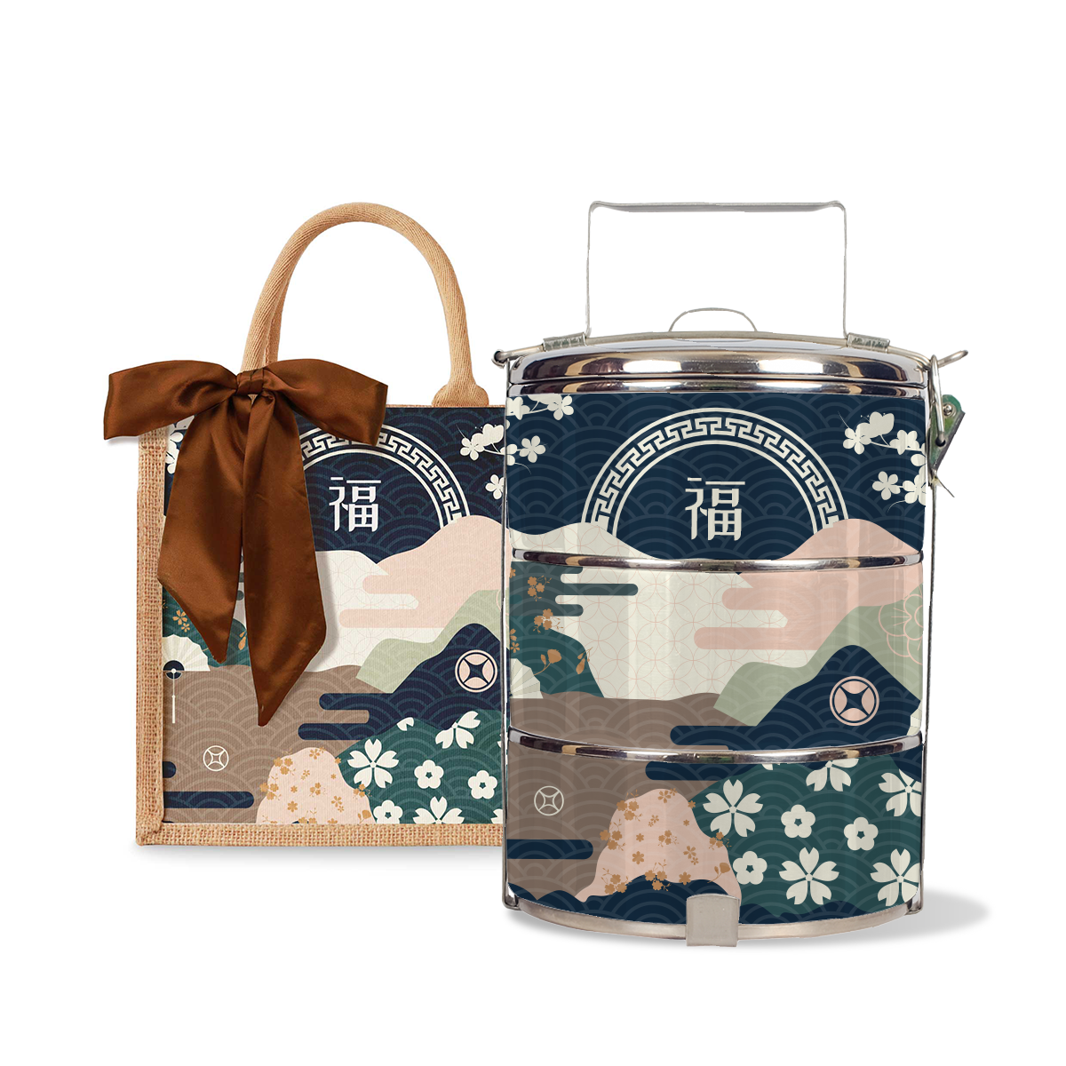 Fortune Garden (Navy Design) - Lunch Tote Bag with Three-Tier Tiffin Carrier