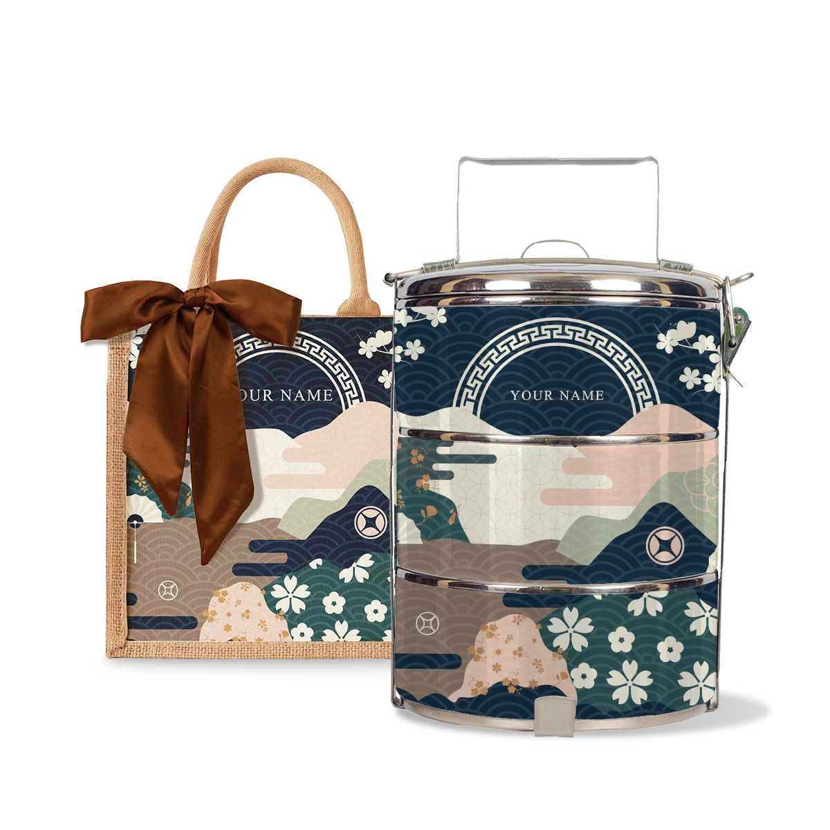 Fortune Garden (Navy Design) - Lunch Tote Bag with Three-Tier Tiffin Carrier