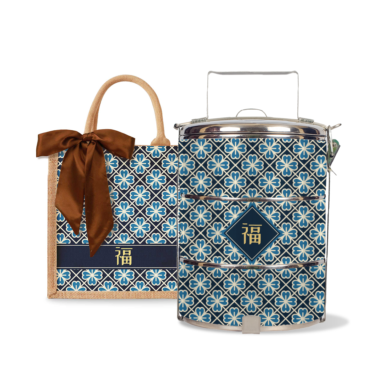 Lucky Jade (Navy Design) - Lunch Tote Bag with Three-Tier Tiffin Carrier