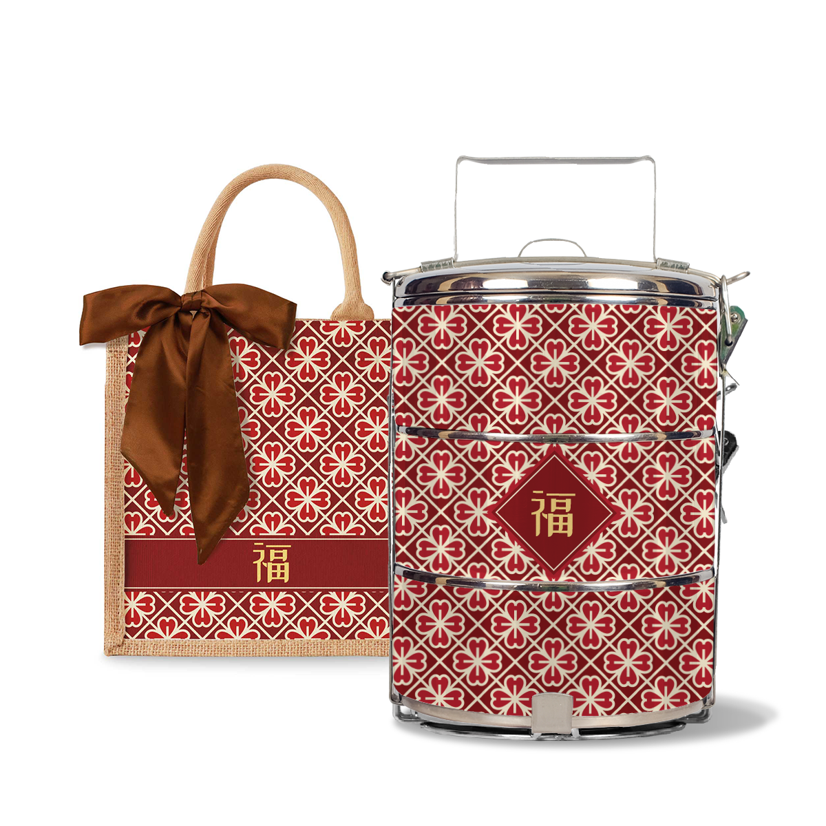 Lucky Jade (Red Design) - Lunch Tote Bag with Three-Tier Tiffin Carrier