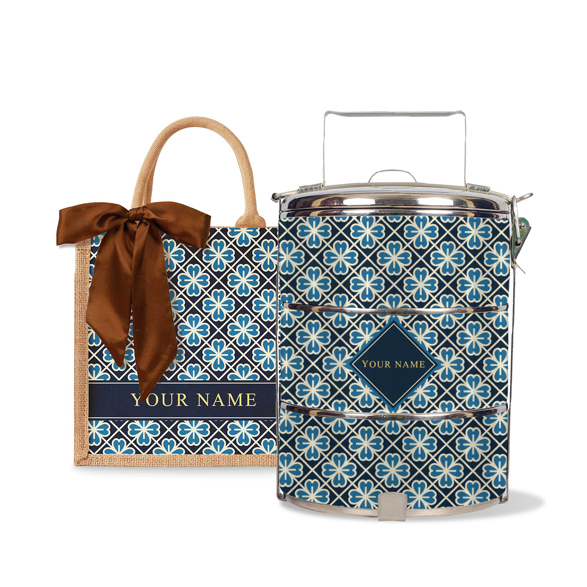 Lucky Jade (Navy Design) - Lunch Tote Bag with Three-Tier Tiffin Carrier