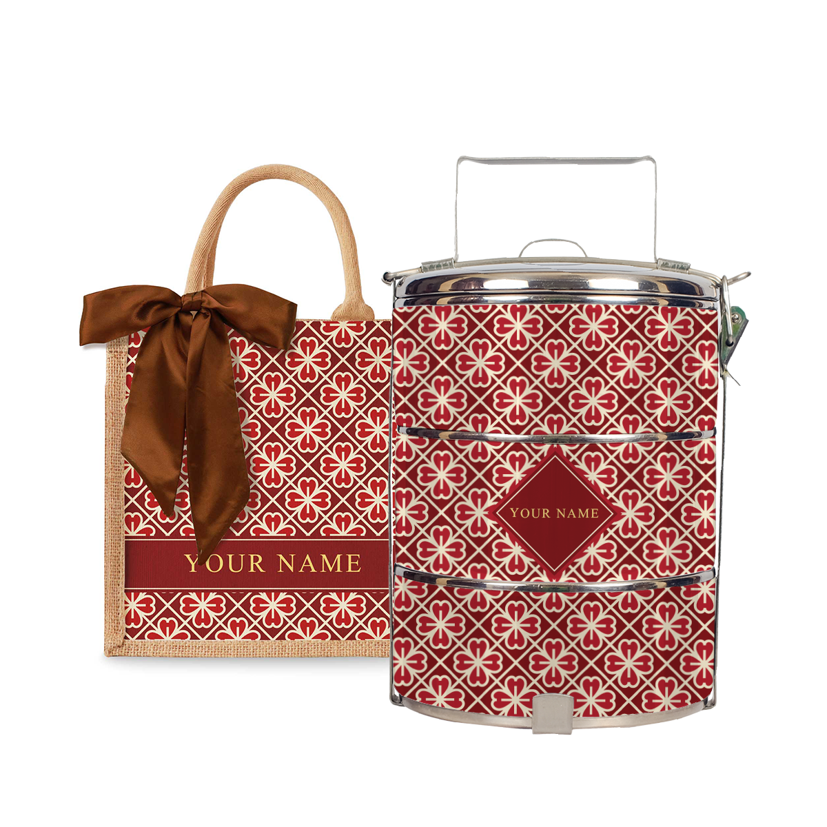 Lucky Jade (Red Design) - Lunch Tote Bag with Three-Tier Tiffin Carrier