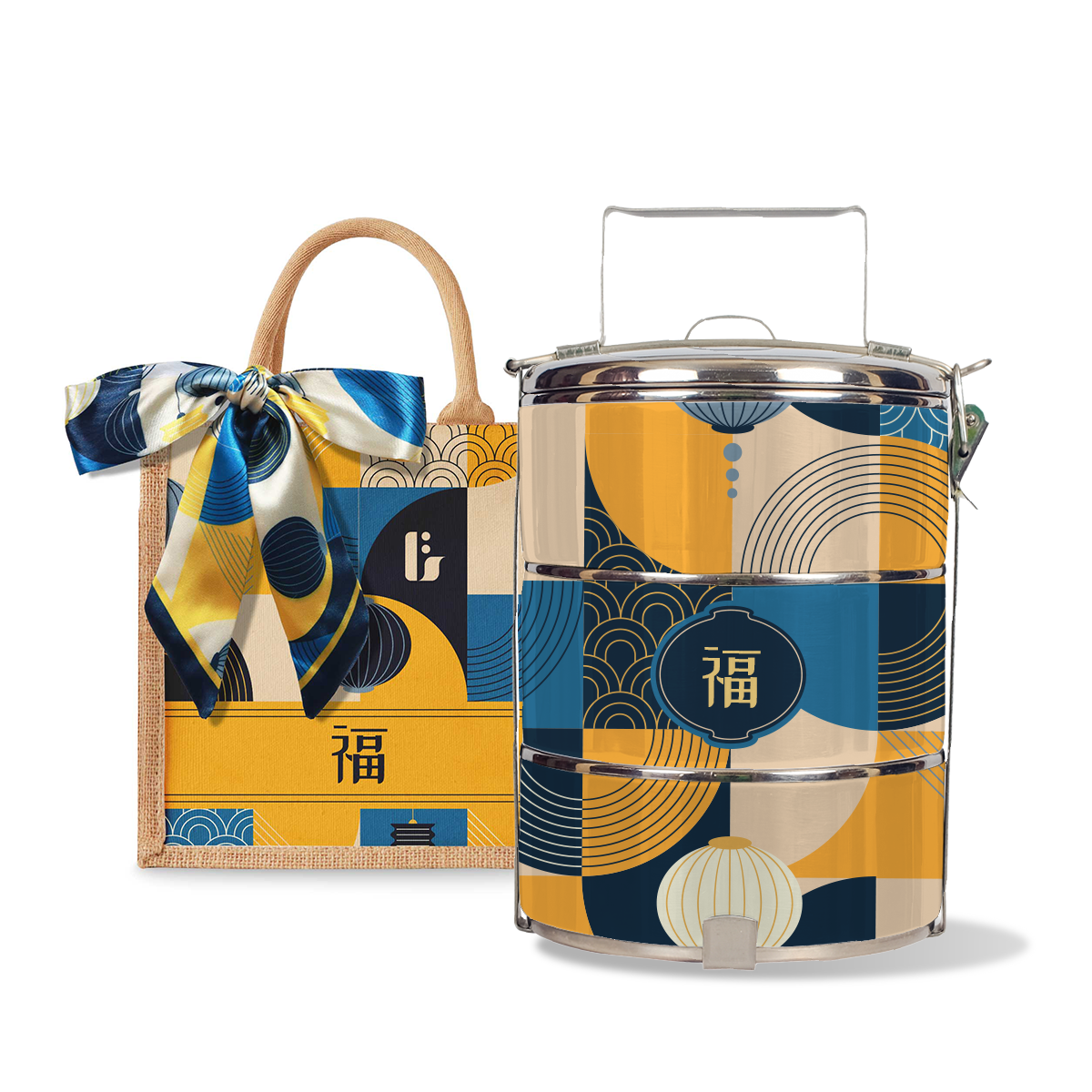 Lunar Blessing (Navy Design) - Lunch Tote Bag with Three-Tier Tiffin Carrier