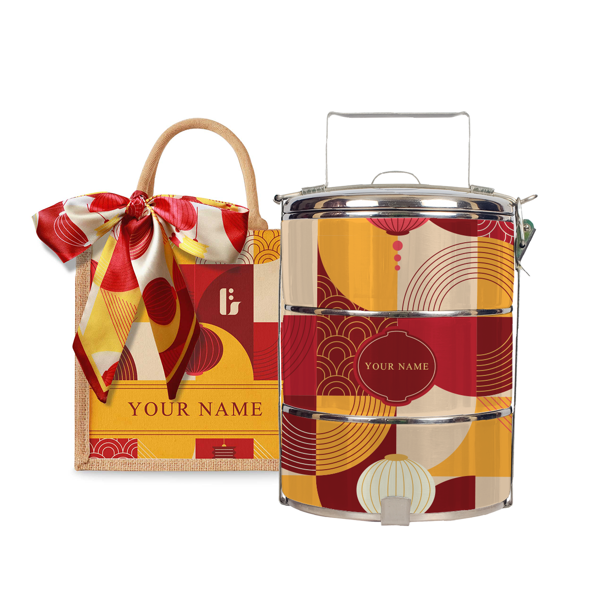 Lunar Blessing (Red Design) - Lunch Tote Bag with Three-Tier Tiffin Carrier