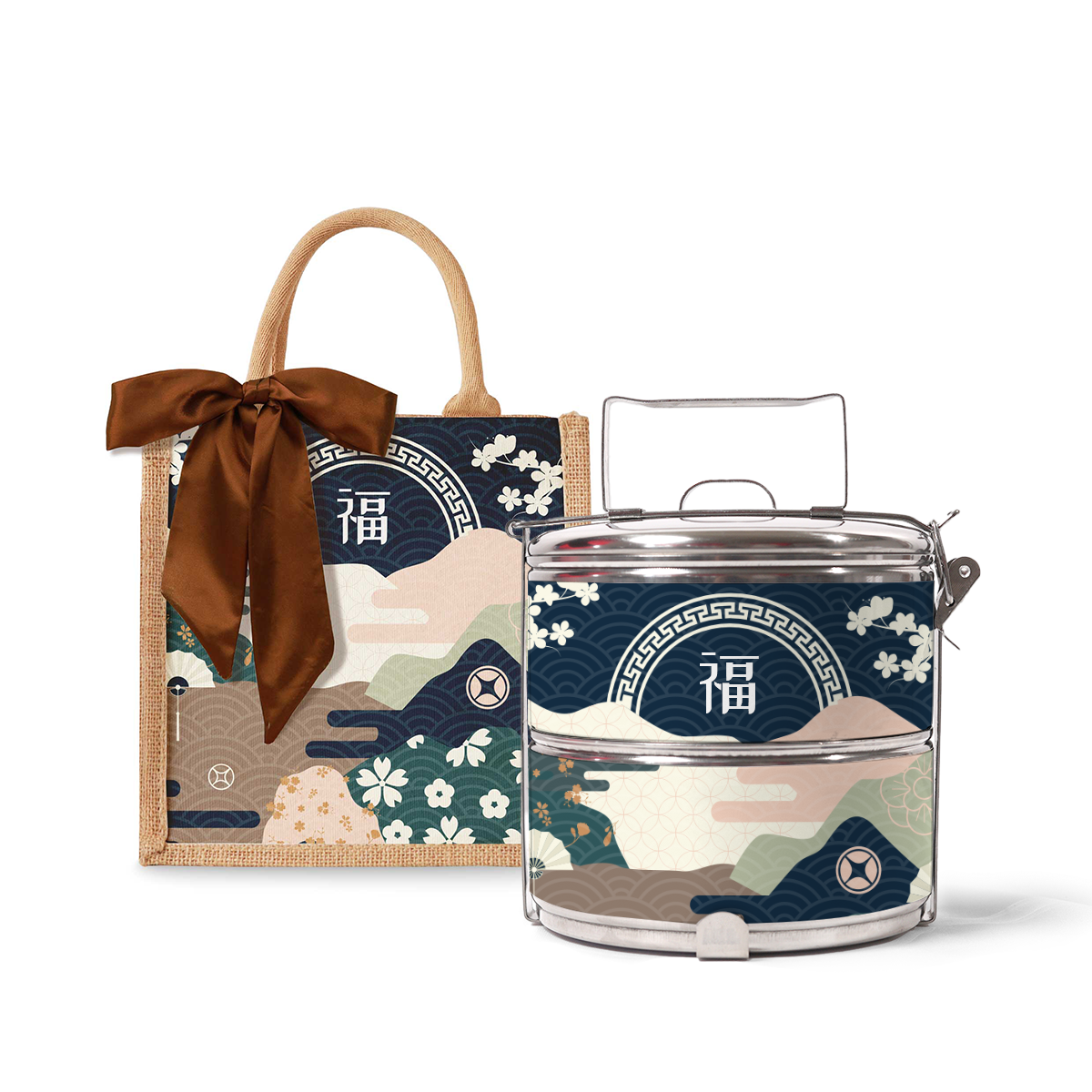 Fortune Garden (Navy Design) - Lunch Tote Bag with Two-Tier Tiffin Carrier