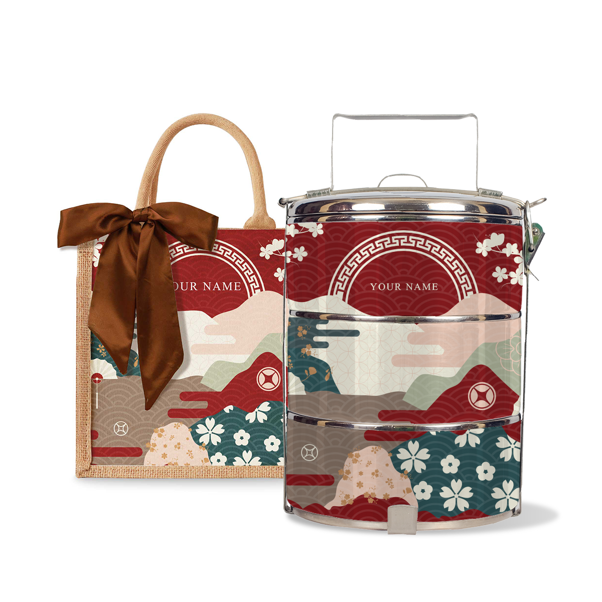 Fortune Garden (Red Design) - Lunch Tote Bag with Three-Tier Tiffin Carrier