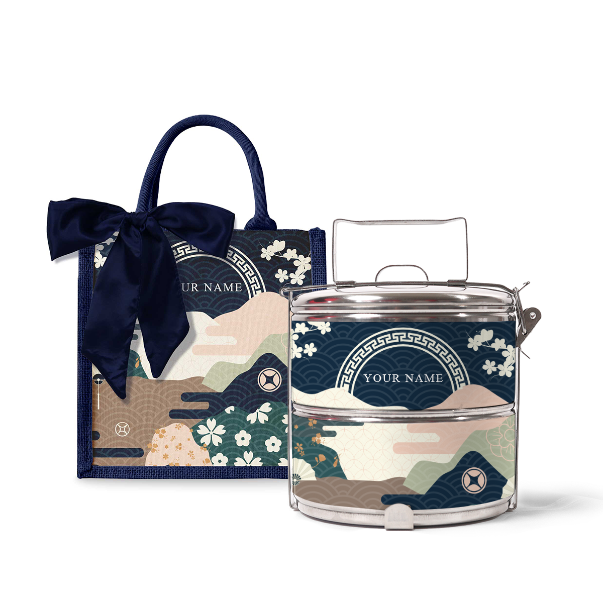 Fortune Garden (Navy Design) - Lunch Tote Bag with Two-Tier Tiffin Carrier