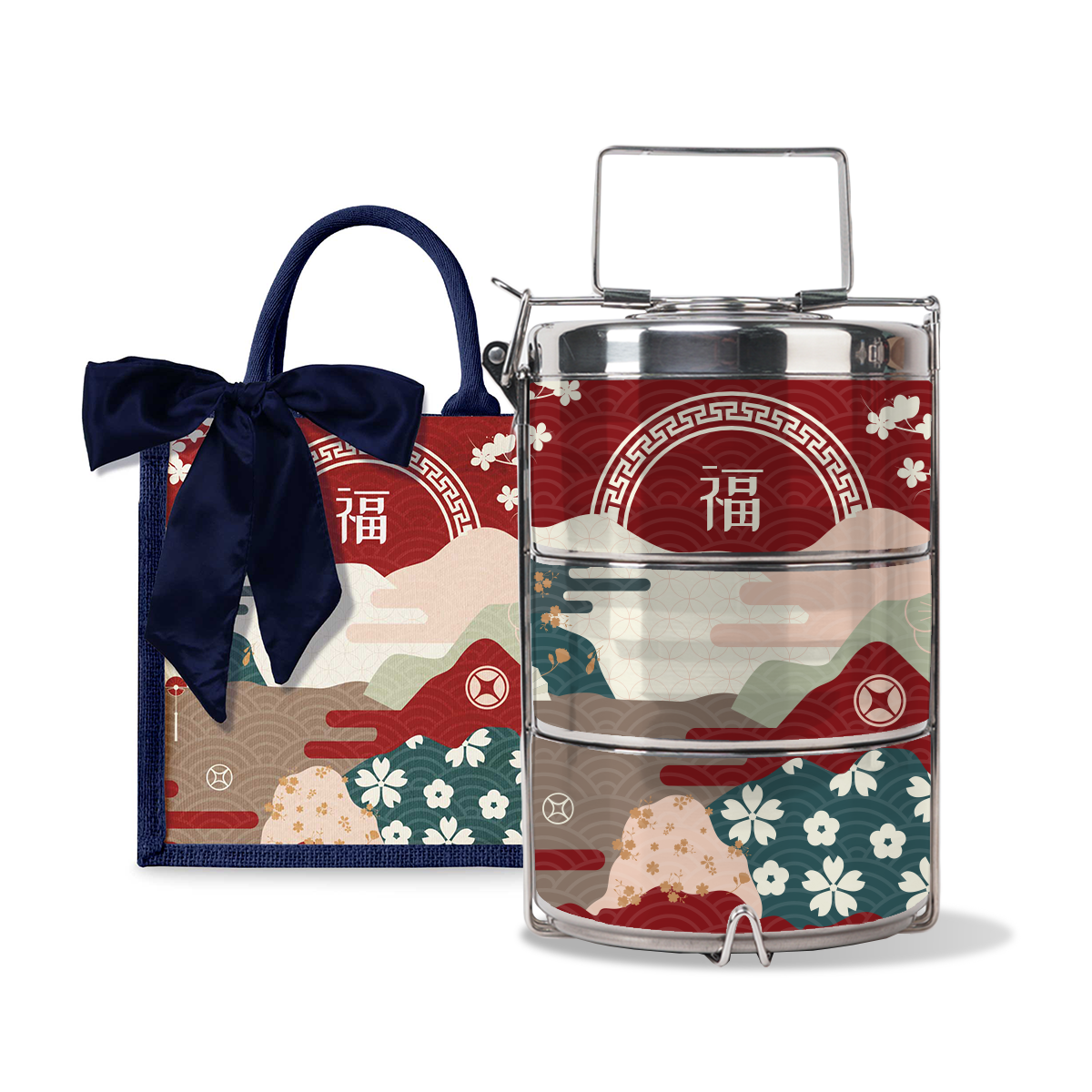 Fortune Garden (Red Design) - Lunch Tote Bag with Three-Tier Tiffin Carrier