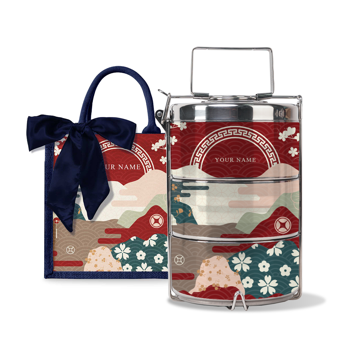Fortune Garden (Red Design) - Lunch Tote Bag with Three-Tier Tiffin Carrier